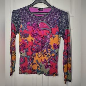Lvnn Ritchie 100% Silk Colorful Paisley Floral Long  Sleeve TOP SHIRT BLOUSE S